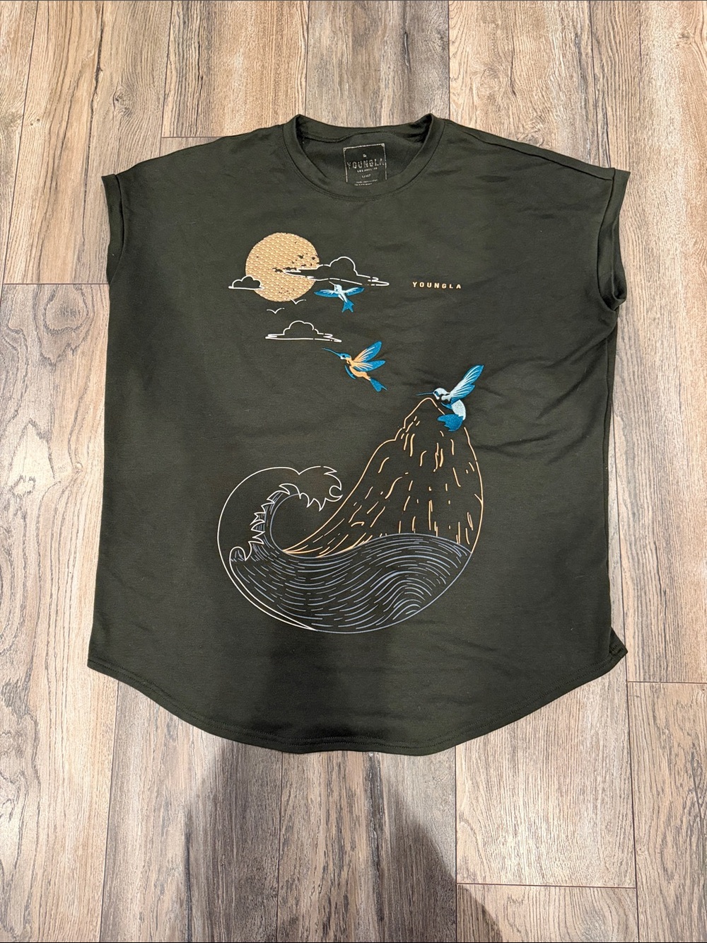 YoungLA Olive Graphic Tee with Blue & Tan Accents